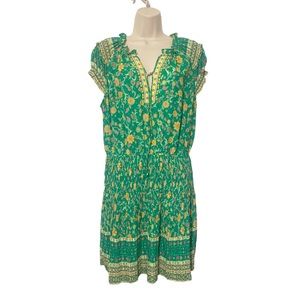 Current Air Floral boho smocked‎ pleated floral paisley mini dress Sz LG